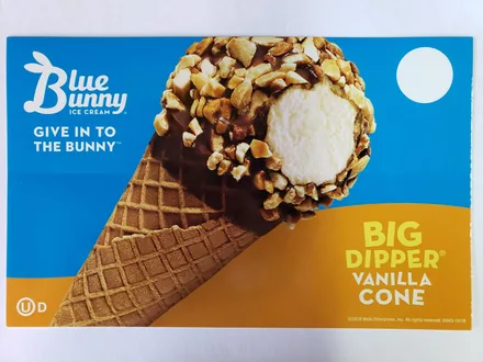 Blue Bunny Big Dipper Vanilla Cone menu panel — a waffle cone dipped in chocolate and peanuts.