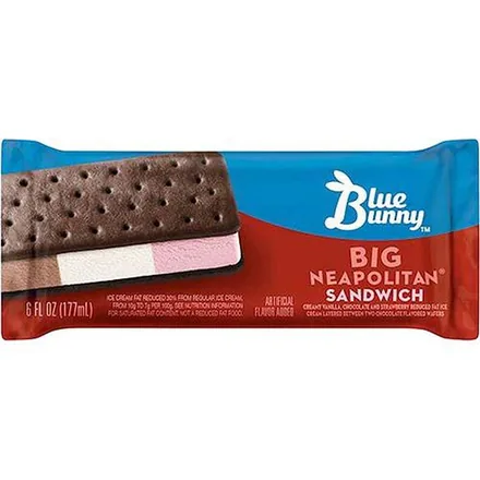 Blue Bunny Big Neapolitan sandwich with vanilla, chocolate and strawberry layers.