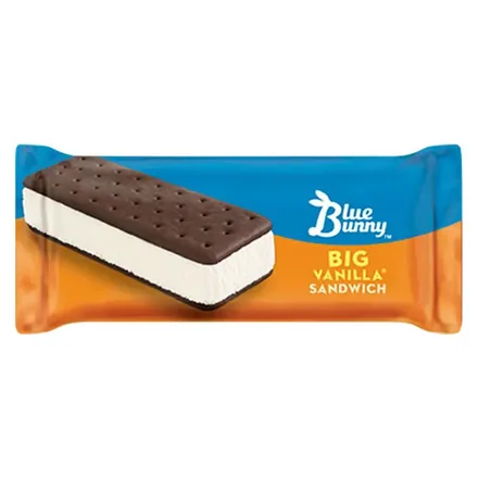 Blue Bunny Big Vanilla ice cream sandwich in a blue and orange wrapper.