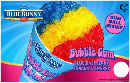 Blue Bunny Bubble Gum snow cone — blue raspberry, banana and cherry ice with a gumball inside.