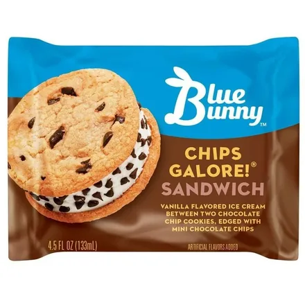 Blue Bunny Chips Galore! sandwich — vanilla ice cream between two chocolate chip cookies.