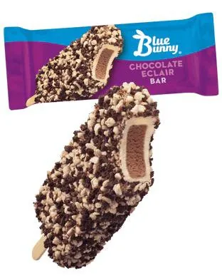 Blue Bunny Chocolate Eclair bar with a crumb coating and its purple wrapper.