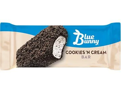 Blue Bunny Cookies 'n Cream bar coated in dark cookie crumbs.