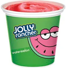 Jolly Rancher watermelon italian ice cup in a green tub.