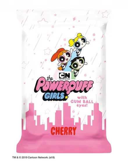 Blue Bunny Powerpuff Girls cherry character bar wrapper in pink and white.