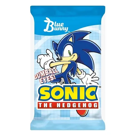 Blue Bunny Sonic the Hedgehog character bar wrapper, with gumball eyes.