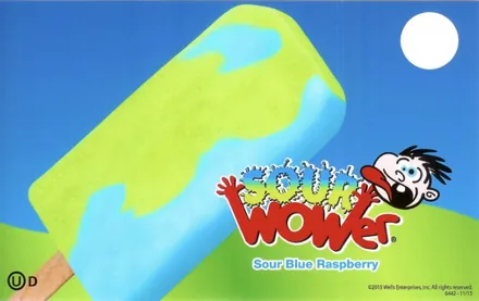 Sour Wower sour blue raspberry bar menu panel in green and blue.