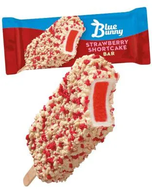 Blue Bunny Strawberry Shortcake bar next to its red wrapper.
