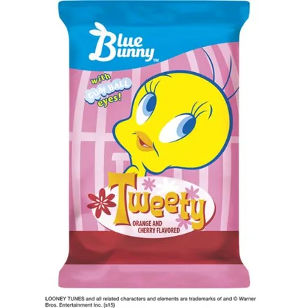Blue Bunny Tweety character bar wrapper, orange and cherry flavoured with gumball eyes.