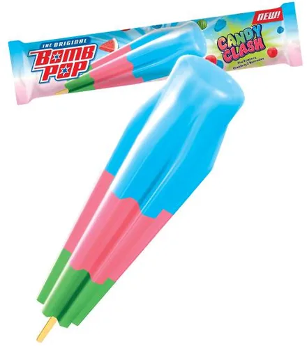 Bomb Pop Candy Clash — blue raspberry, strawberry and watermelon layers with its wrapper.