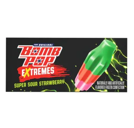 Bomb Pop Extremes Super Sour Strawberry menu panel on a black background.