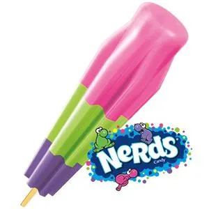Nerds Bomb Pop with pink, green and purple layers.