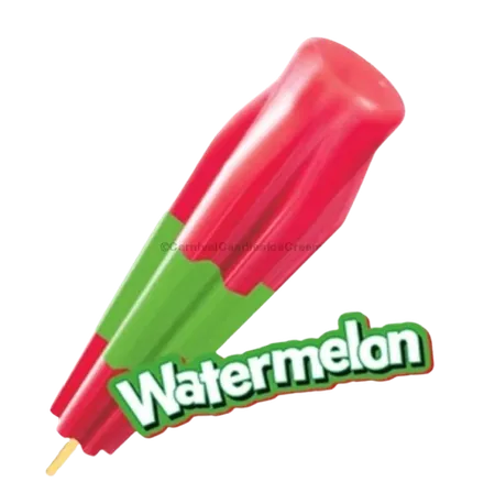 Watermelon Bomb Pop, red and green layered ice pop on a stick.