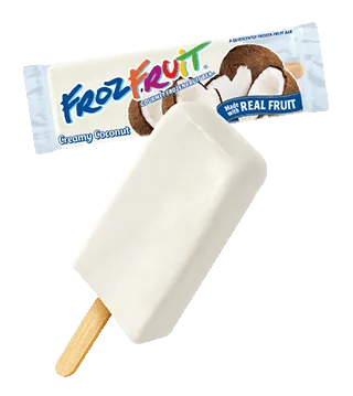 FrozFruit Creamy Coconut fruit bar with its wrapper.