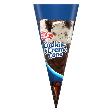Good Humor Cookies & Creme cone in a blue wrapper with a chocolate waffle cone.