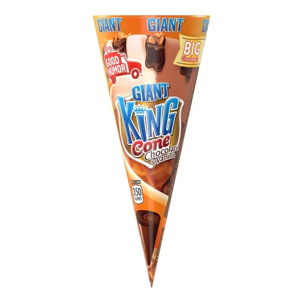 Good Humor Giant King Cone in an orange wrapper with a big chocolatey tip.