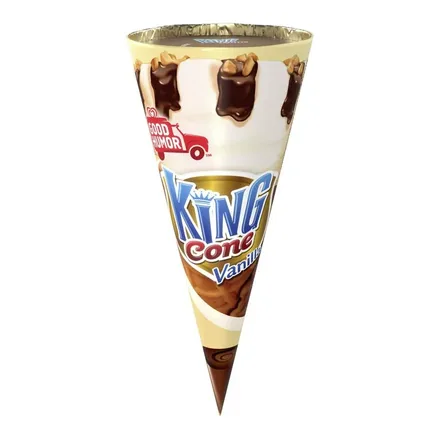 Good Humor King Cone vanilla, a wrapped waffle cone topped with chocolate and nuts.