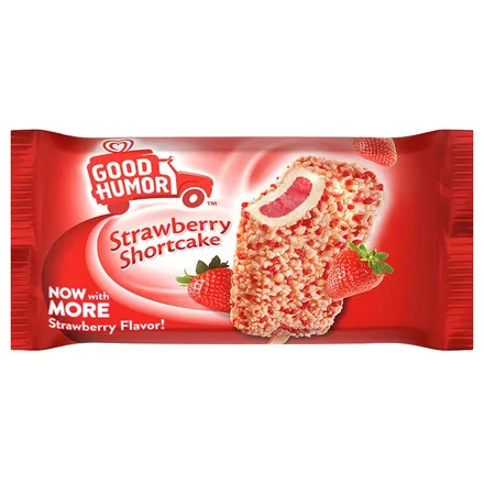 Good Humor Strawberry Shortcake bar in its red wrapper, coated in strawberry cake crumbles.