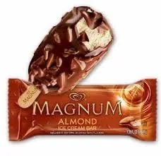 Magnum Almond ice cream bar with its gold wrapper.