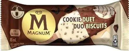Magnum Cookie Duet ice cream bar wrapper in white and dark chocolate.