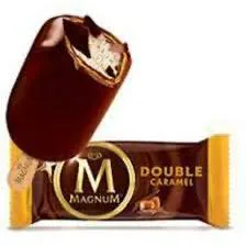 Magnum Double Caramel ice cream bar with its wrapper.