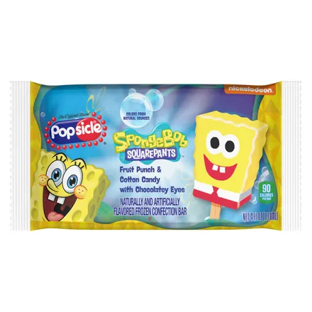 Popsicle SpongeBob SquarePants bar wrapper — fruit punch and cotton candy with chocolatey eyes.