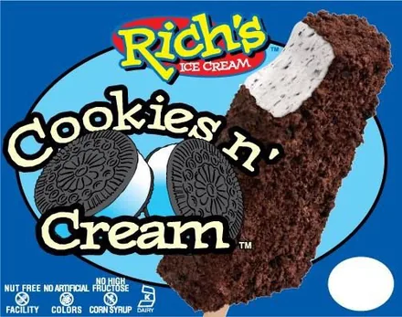 Rich's Cookies n' Cream bar coated in chocolate cookie crumbs.