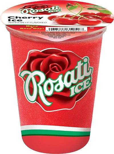 Rosati Ice cherry italian ice in a red 10 oz cup.