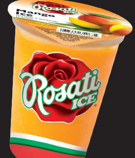 Rosati Ice mango italian ice in an orange cup.